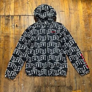 Levi's Jacket Boys XL Black Mesh Lined Spellout Logo Long Sleeve Hooded Full Zip